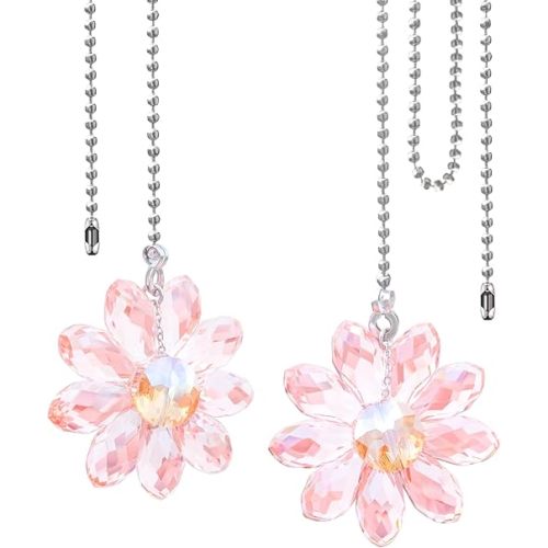 LEFERS Ceiling Fan Pull Chain, 2 Pieces 1.8" Crystal Glass Flower Pendants with 24" Ceiling Fan Chain Extender and Connector (Pink)