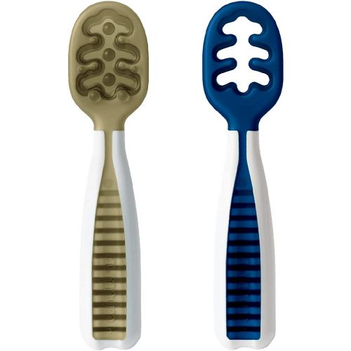 NumNum Baby Spoons Set, Pre-Spoon GOOtensils for Kids Aged 6+ Months - First Stage, Baby Led Weaning (BLW) Teething Spoon - Self Feeding, Silicone Toddler Food Utensils - 2 Spoons, Olive/Navy