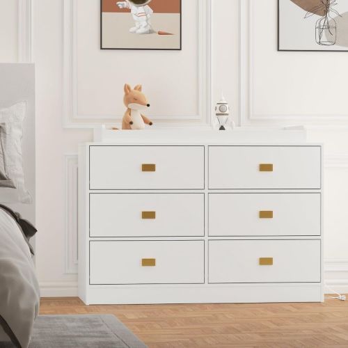 6-Drawer Baby Changing Table Dresser, with Removable Top, Changing Pad & Built-in Power Outlets, Versatile Diaper Changing Station for Bedroom