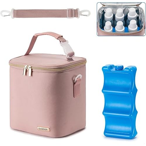 Breast Milk Cooler Bag with Ice Pack Fits 6 Baby Bottles Up to 9 Ounce, Baby Bottle Bag with Shoulder Strap for Nursing Mom Daycare, Pink