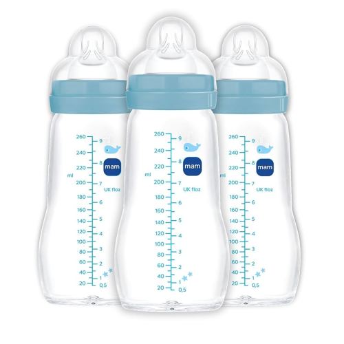 MAM Feel Good Slow Flow, Premium Glass Baby Bottles, Newborn Essentials Must Have, Easy Switch Between Breast and Bottle, 9oz, 2+ Months, BPA Free, Boy, 3 Pack
