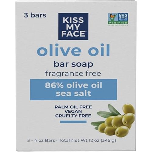 Kiss My Face Olive Oil Fragrance Free Bar Soap, Moisturizing Bar Soap, Cruelty Free Vegan Soap, Palm Oil Free, 4 Oz - 3 Count (Pack of 1)