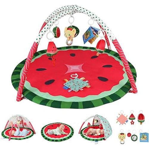 Tummy Time Mat, 9-in-1 Watermelon Baby Play Gym Mat, Oversize Baby Play Activity Mats with Sunshade & 6 Detachable Sensory Toys, Washable Non-Slip Mat for Newborn Infant Essentials Gift