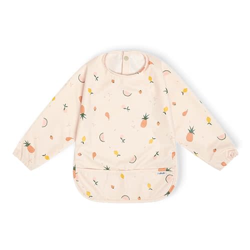 Lalo Smock Bib - Long Sleeve Baby Bib, Elastic Cuffs for Comfort, Large Catch-All Pocket, Waterproof Recycled Polyester - Durable Baby Smock Bib for Mealtime - Ages 6-24 Mo. - Fruit Print Grapefruit