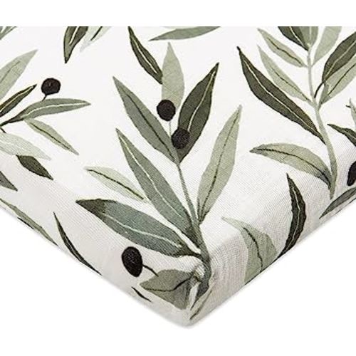 Babyletto 100% Organic Cotton All-Stages Midi Crib Sheet, GOTS-Certified, Fitted 360°, Ultra-Soft and Breathable Muslin - Olive Branches