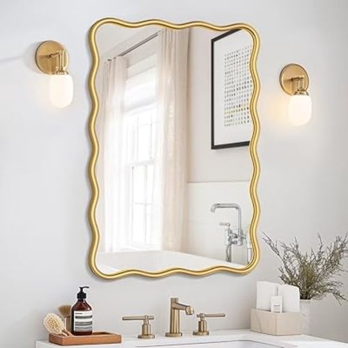 PROHOMEWARE 20 * 28" Gold Wavy Rectangular Vanity Bathroom Mirror for Wall Mounted Bedroom Entryway Living Room Farmhouse