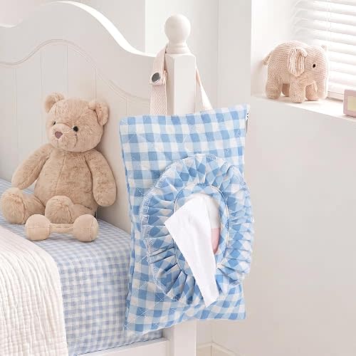 Diaper and Wipes Pouch Quilted Ruffle Gingham Wet Wipe Holder Portable Hanging Tissues Purse Pocket Tissue Holder for Stroller Casual and Travel Soft Lining Refillable Bag(Blue)
