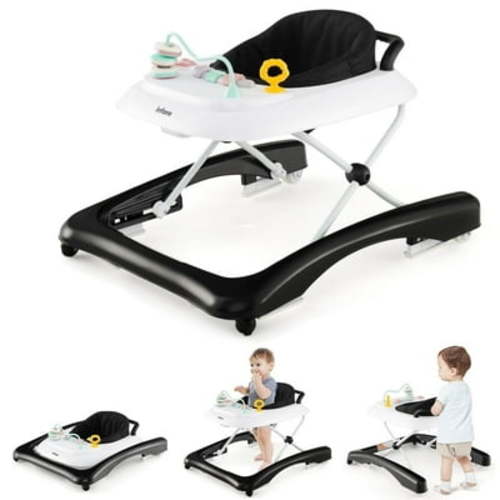 OLAKIDS Foldable Baby Walker, 3 in 1 Toddler Leaning-Seated Walk-Behind with Adjustable Height, Push Handle, Washable Seat Cushion for Boys and Girls (Black)