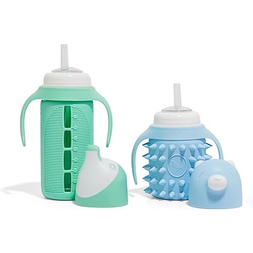 Sampler Set - Glass sippy cup for kids, One 8oz cup and One 5oz cup (Green&Spikey)