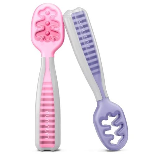 NumNum Pre-Spoon GOOtensils | Baby Spoon Set (Stage 1 + Stage 2) | BPA Free Silicone Self Feeding Toddler Utensils | for Kids Ages 6 Months+, 1-Pack, Two Spoons, Frosty Lilac/Rosebud - 2 Spoons