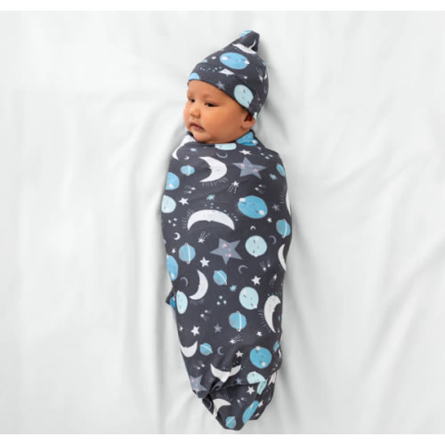 Blue To The Moon & Back Swaddle & Hat Set - Little Sleepies