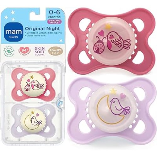 MAM Original Baby Pacifiers 0-6 Months, Binky for Newborn Babies, BPA-Free Skin Soft Silicone Nipple, Glows in The Dark, Developed with Medical Experts, 2 Count, Sterilizer Case, Made in Europe