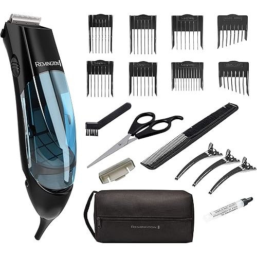 Remington Vacuum Haircut Kit, Vacuum Beard Trimmer, Hair Clippers for Men with Removable Hair Chamber and Dual Motor Power (18 pieces)