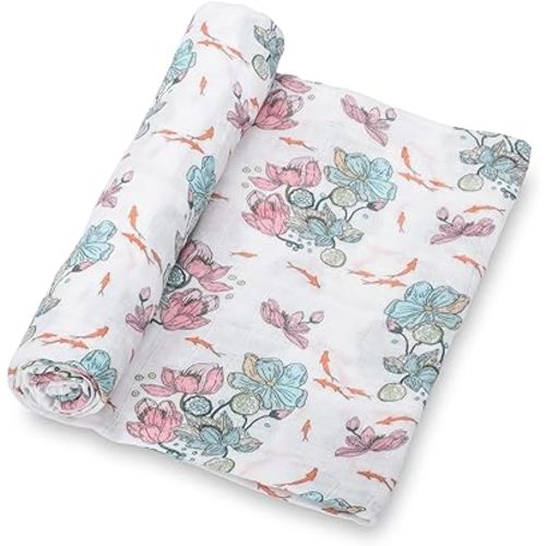 LollyBanks Baby Blanket, 100% Cotton Muslin Swaddle for Baby Girls, Soft and Breathable 47 x 47 Inches Receiving Blanket, Lightweight Newborn Swaddle, Newborn Essentials Must Haves (Lotus Print)