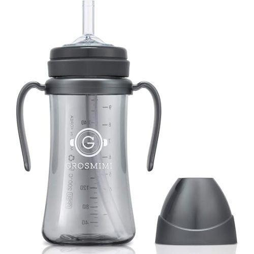 GROSMIMI Spill Proof no Spill Magic Sippy Cup with Straw with Handle for Baby and Toddlers, Customizable, PPSU, BPA Free 10 oz (Charcoal)