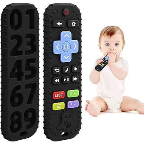 Teething Relief Teethers Toys for Babies 3-6 12 Months Gifts, Silicone Remote Control Baby Teether Bath Toys for 3 6 9 Months Newborn Infant Boy Girl Autism, Food Grade Silicone Sensory Toys, Black