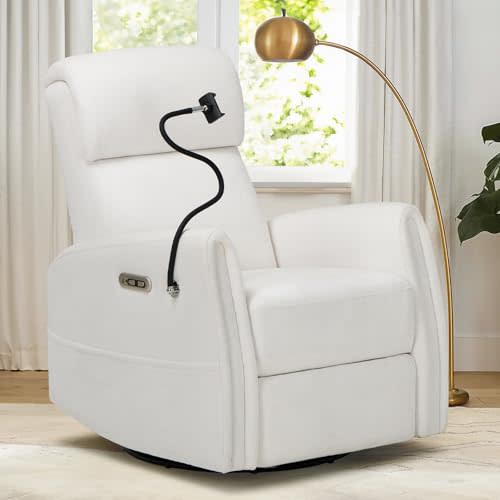 COLAMY Power Swivel Glider Recliner Chair, Nursery Rocking Chair, Living Room Chair, 270° Swivel 145° Recliner Chair with Built-in Charging Ports for Living Room, Apartment, Home, White