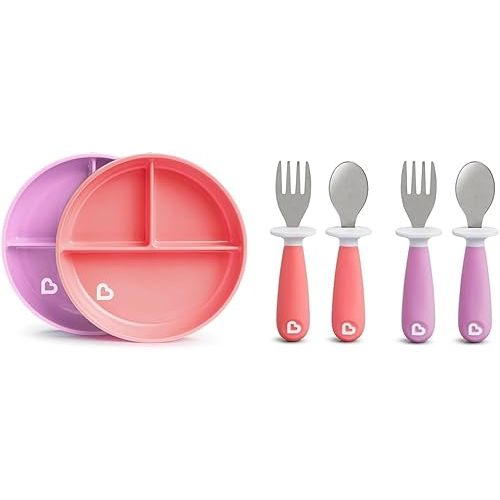 Munchkin® Stay Put™ Divided Suction Toddler Plates and Raise™ Fork and Spoons, BPA Free, 4pc Set, Pink/Purple