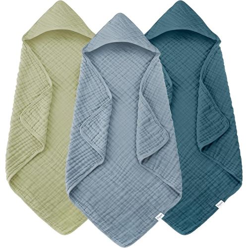 Muslin Hooded Baby Bath Towels - 3 Pack 100% Cotton Ultra-Soft Towels for Newborns, Infants, Toddlers - 32x32 Inch - Highly Absorbent, Quick-Dry Essentials for Bath, Beach, Pool, Green Blue Series