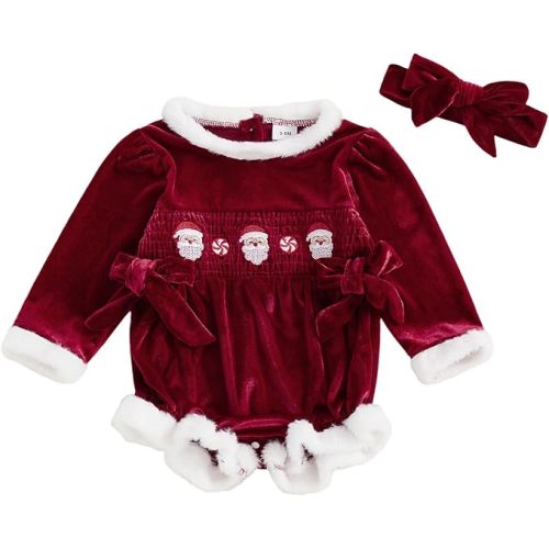 Baby Girl Christmas Velvet Bodysuit Santa Candy Cane Embroidery Fur Trim Smocked Romper with Headband Holiday Outfit
