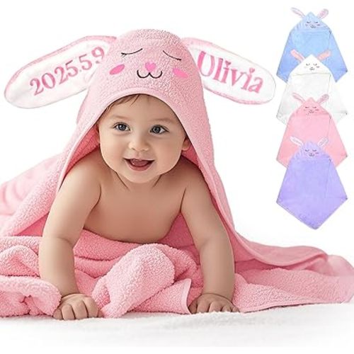 Custom Hooded Bath Towel with Name, Personalized Absorbent Bunny Baby Towels, Soft Shower Towels for Girls Boys, Easter Brithday Gifts for Baby, Toddler, Newborn, Kids (Pink-Bunny-2)