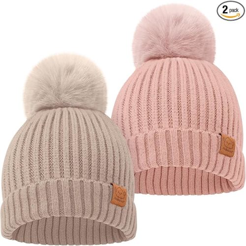 KeaBabies 2-Pack Baby Hats for Girls, Boys - Stretchy Baby Beanies, Cute Newborn & Toddler Winter Hat, Soft & Warm Pom Pom Beanie for Infant, Toddler, Boys, Girls 0-6 Months (Fawn, S)