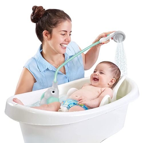 Yookidoo Baby Bath Shower Head - Elephant Water Pump with Trunk Spout Rinser - Control Water Flow from 2 Elephant Trunk Knobs for Maximum Fun in Tub or Sink for Newborn Babies (Turquoise)