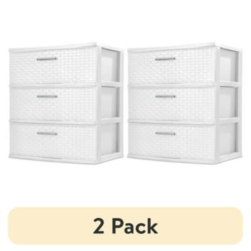 (2 pack) Sterilite Storage Drawer, 3 Drawer Plastic Weave Wide Tower with Pull Handles, White