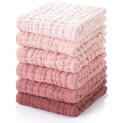 Looxii Muslin Baby Washcloths 6 Pack, 100% Cotton Baby Wash Cloths for Baby Face Body, 12x12 inches Large Soft Absorbent Face Towels for Newborns Gradient Pink