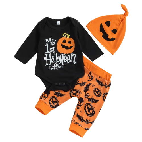 My First Halloween Outfits 3M 6M 9M 12M 18M Infant Baby Boy Hat Long Sleeve Letter Romper Pumpkin Ghost Pants Set Fall Clothes