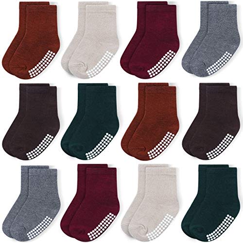 JAKIDAR 12 Pack Baby Socks Cotton Crew Toddler Socks Grips Non Slip Bottom Kids Socks
