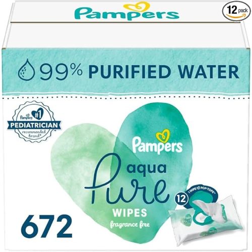 Pampers Baby Wipes Aqua Pure, 99% water-based wipes, Hypoallergenic and Unscented Baby Wipes, 672 Wipes Total (12 Flip-Top Packs)