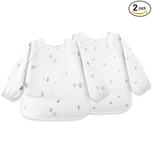 Susurration Baby Bibs with Sleeves for Eating, 2 Pack Reusable Waterproof Bibs Toddler Bibs with Sleeves, 6-36 Months Baby Feeding Essentials - Grey Moon