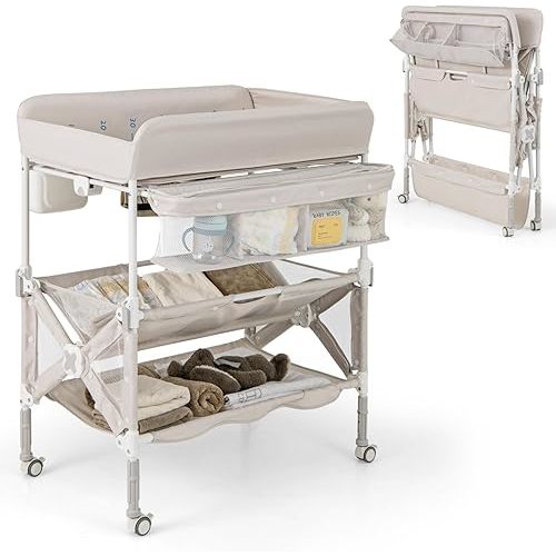 HONEY JOY Changing Table, Foldable Baby Mobile Nursery Organizer w/Wheels, Adjustable Heights, Storage Bag & Shelves, Waterproof Diaper Changing Station Dresser, Portable for Newborn Infant (Beige)