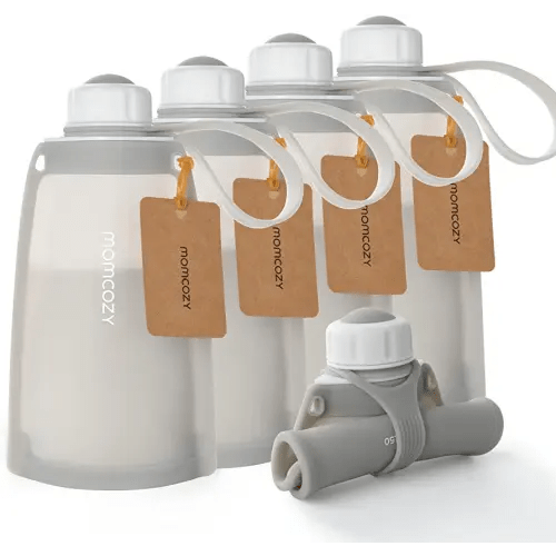 No Leak Momcozy Silicone Breastmilk Storage Bags, Reusable Breastmilk Freezer Storing Bags for Breastfeeding, 8.5oz/250ml Breast Milk Saver, Leakproof Baby Food Pouches, BPA Free (Gray, 5pcs)