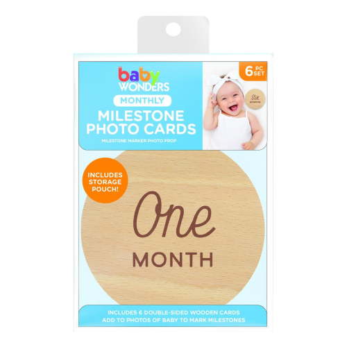 Baby Wonders Monthly Milestone Wooden Photo Cards, 6 Double Sided Cards with Storage Pouch