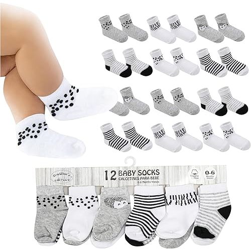 ORGANIC Cotton Baby Socks 0-6 Months, 12 Pairs Unisex - Soft & Hypoallergenic Baby Girl Socks 0-6 Months, Baby Boy Socks 0-6 Months, Infant Socks 3-6 Months - Newborn Socks Girls - Baby Gifts