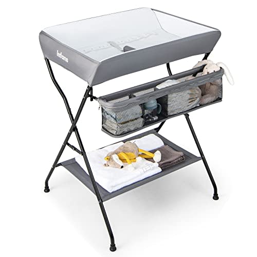 INFANS Baby Changing Table, Folding Diaper Station Portable Nursery Organizer with Safety Belt and Large Storage Racks for Newborn Baby and Infant (Grey)