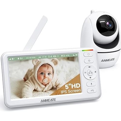 ANMEATE 5" HD Video Baby Monitor with Camera and Audio - No WiFi, 48H Battery Life,720P Remote Pan Tilt Zoom, Two-Way Talk, Night Vision, Thermal Room Monitor, Lullabies & White Noise, 1000ft Range