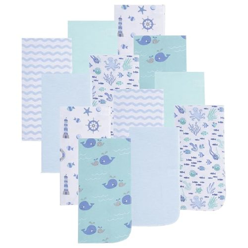EVERYDAY KIDS 12 Pack Burp Cloths for Baby Boy; Newborn Essential with - Large Absorbent Cotton Flannel Blue/Teal Burping Cloths for Babies with Ocean, Sea Shells, Sailboats and Fish Prints and Solids