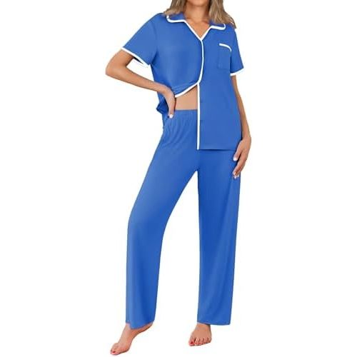 Ekouaer Women Pajamas Set Button Down Notch Collar Soft Short Sleeve Pjs Set with Long Pant Set Lounge Set