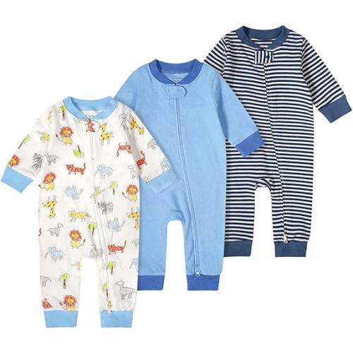 Teach Leanbh Baby Boys Girls 3 Pack Footless Pajamas Cotton Long Sleeve 2 Way Zipper Romper Sleep and Play