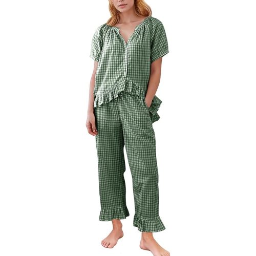 Flygo Womens Plaid 2 Piece Pajamas Sets Gingham Button Down Puff Sleeve Babydoll Shirt Ruffle Pants Y2K Pjs Lounge Set
