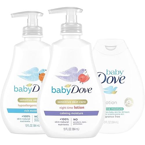Dove Baby Lotion Bundle – Sensitive Skin Care Hypoallergenic Lotion, Nourishing & Hydrating Baby Lotion for Newborn, Rich Moisture, Calming Moisture & Fragrance Free Moisture, 13 Oz (3 Piece Set)