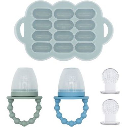 WeeSprout Silicone Baby Food Feeders + Freezer Tray for Batch Prep - Set of 2 (Matte Blue/Green) + Matte Green Tray