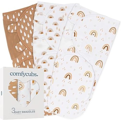 Comfy Cubs Easy Swaddle Blanket, 3 Pack - 100% Cotton Newborn Wrap, Small for 0-3 Months Infants, Breathable and Durable Sleep Sack for Babies - Rainbow Bohemian