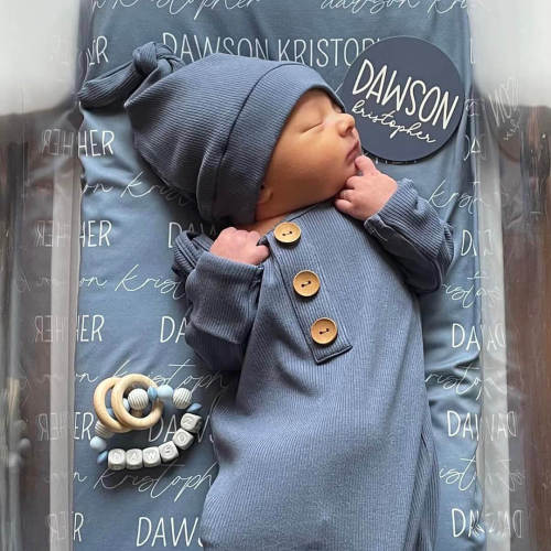 Steel Blue Ribbed Bamboo Baby Knot Gown & Hat