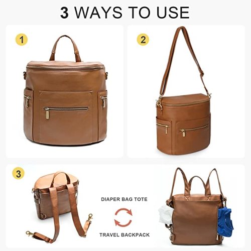 Diaper Bag Backpack Baby Diaper Bag by Miss Fong,Large Leather Diaper Bag Backpack for mom dad with 14 Pockets Diaper Bag Organizers,Changing Pad,Stroller Straps and 2 Insulated Pockets (Regular) - Cognac