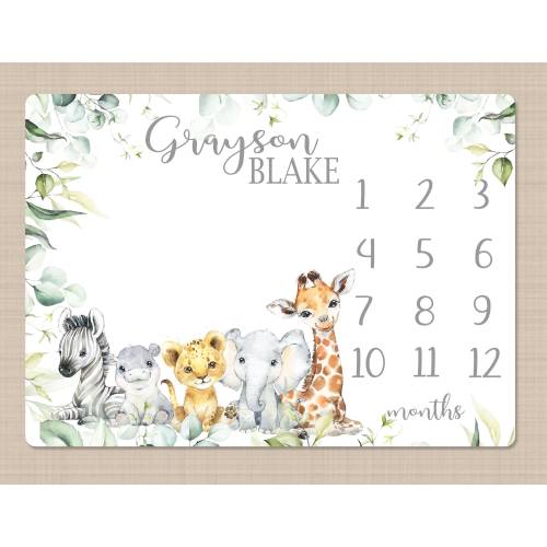 Safari Animals Milestone Blanket, Personalized Baby Boy Name Jungle Theme Boy Girl Monthly Growth Track Photo Newborn Baby Shower Gift B1629