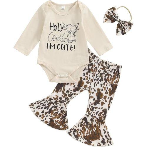Chloefairy Western Baby Girl Fall Clothes Holy Cow I'm Cute Romper Bell Bottoms Flare Pants Set 3Pcs Infant Cowgirl Outfit - 12-18 Months - Ivory